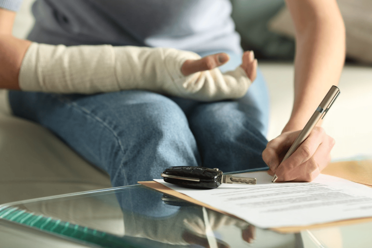 Injured person completing motor vehicle accident claim paperwork