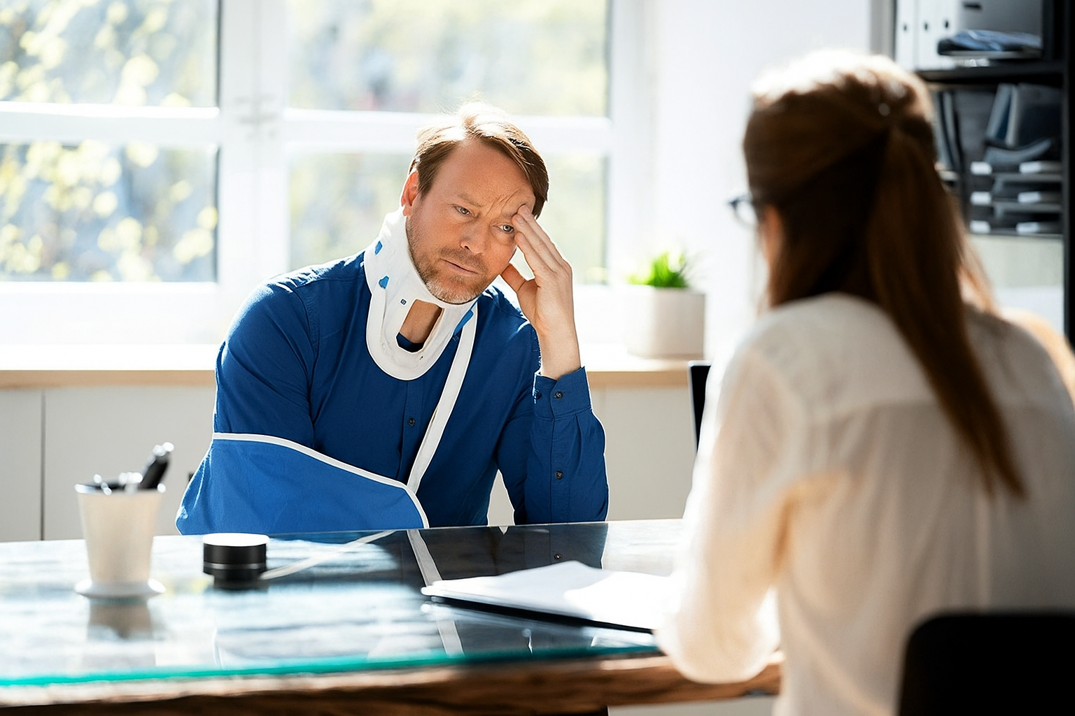 A man in a neck brace and arm sling consulting with a professional about a motor vehicle accident claim. The image symbolizes the importance of seeking expert advice after an accident to ensure proper compensation