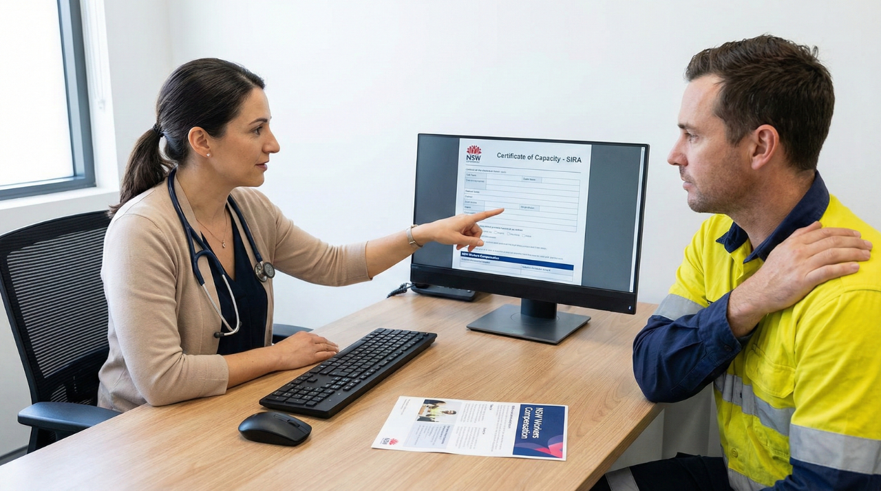 A doctor explaining the details of a digital WorkCover Certificate of Capacity on a computer screen to an injured worker in high-vis gear.
