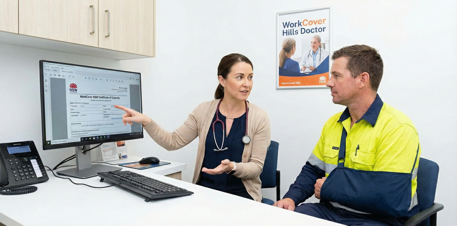 A WorkCover doctor in a medical clinic explaining a Certificate of Capacity document to an injured worker wearing high-vis gear.