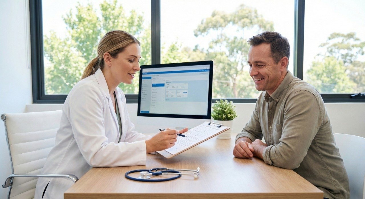 A friendly GP sitting at a desk explaining the Medical Certificate for CTP Insurance Claims to a patient during a consultation.