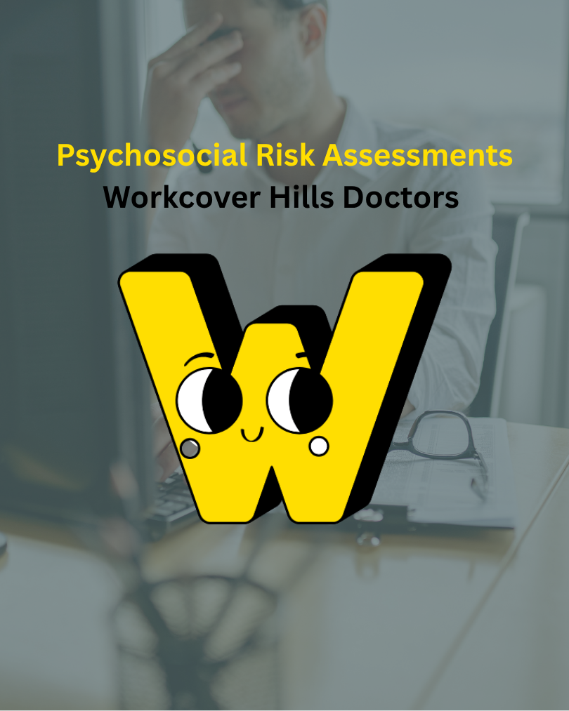 Verticle feature image titled "Psychosocial Risk Assessment Sydney" with a semi-transparent green background image of a stressed out worker holding his head - with the Workcover.Hills Doctor logo front and centre.
