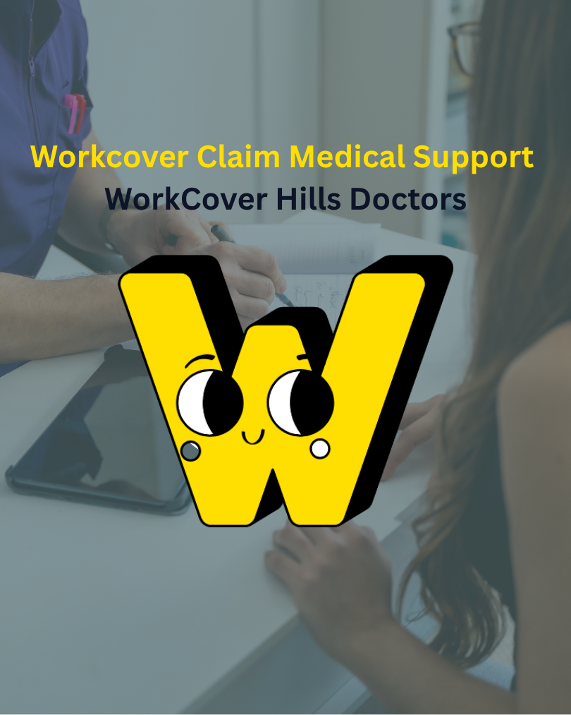 Verticle feature image titled "Workcover Claim Medical Support Sydney" with a semi-transparent green background image of a a workpalce injury assessment with the Workcover.Hills Doctor logo front and centre.